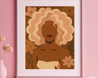 Afrocentric Woman Art Print – Blonde Afro Illustration, Floral Boho Wall Decor