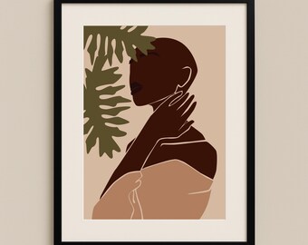 Minimalist Afrocentric Art Print – Black Woman Botanical Illustration, Modern Self-Love Decor