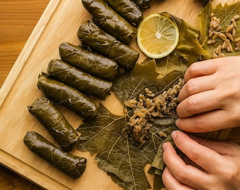 Foglie di vite palestinesi sottaceto in barattolo – Warak Enab Makbous – cibo tradizionale mediorientale, dolma, vegano, fatto a mano, biologico