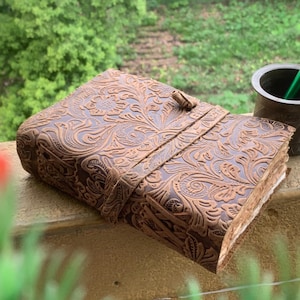 Green Leather Journal: Floral Embossed Handmade Deckle Edge Book