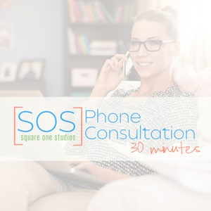 May include: A woman on a phone call with the text "SOS Phone Consultation 30 minutes" and "square one studios" below.