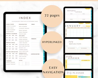 May include: Digital planner with 72 pages, hyperlinked for easy navigation. Includes yearly, monthly, and daily planning sections, plus 10+ habit trackers. Features an index for quick access to different pages.