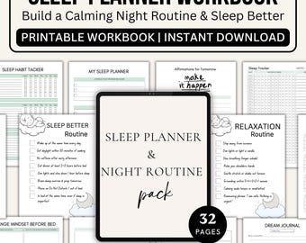 Pode incluir: Um caderno de trabalho digital para planejar o sono com um tema de rotina noturna calmante. A capa apresenta "SLEEP PLANNER WORKBOOK" e "PRINTABLE WORKBOOK | INSTANT DOWNLOAD". O caderno inclui 32 páginas com rastreadores de sono, rotinas e afirmações.