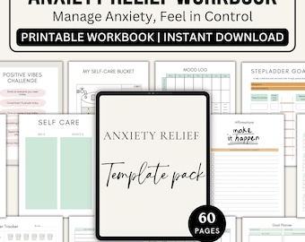 Könnte beinhalten: Angstbewältigungs-Arbeitsbuch mit dem Text "Angst bewältigen, sich unter Kontrolle fühlen" und "Druckbares Arbeitsbuch | Sofortiger Download". Das Arbeitsbuch enthält Vorlagen für Selbstpflege, Stimmungsprotokolle und Affirmationen. Das Vorlagenpaket hat 60 Seiten.