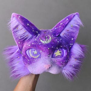Set di zampe e coda da gatto Therian con costellazione – Maschera da gatto celeste fatta a mano, per cosplay furry e equipaggiamento da alterhuman, copricapo viola notte stellata
