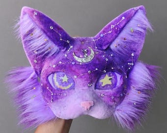 Conjunto de máscara Therian de gato constelación, diseño celestial morado, piel sintética, patas y cola, cosplay peludo, atuendo Alterhumano, ojos/lengua extraíbles