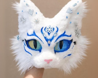 Conjunto de Máscara, Patas e Cauda de Gato da Neve Therian do Espírito Branco | Equipamento Peludo Realista Feito à Mão em Pele Sintética | Máscara de Cosplay Alterhuman | Design Tigre de Gelo