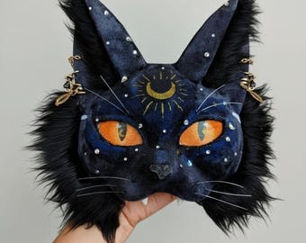 Celestial Black Cat Therian Mask Set, Gothic Mystical Faux Fur, Paws & Tail, Furry Cosplay, Alterhuman Gear, Removable Eyes/Tongue