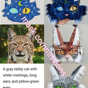 May include: A collage of cat-themed masks and a real cat. The masks include a blue drawing, a dark blue mask with fur, a brown and white mask, and a gray mask. The text "mask commissions" is visible.