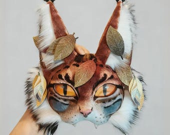 Forest Lynx Cat Mask Paws Tail Set | Handmade Realistic Faux Fur Therian Mask | Furry Cosplay & Alterhuman Gear | Fantasy Wild Cat Headpiece