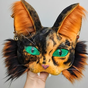 Set di coda con maschera da gatto tartarugato / Maschera da teriano in pelliccia sintetica fatta a mano / Attrezzatura da cosplay alterumano peloso / Copricapo da animale realistico