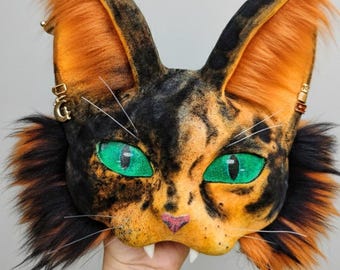 Schildpad schildpad kattenmasker staartset | Handgemaakt Therian-masker van imitatiebont | Harige Alterhuman-cosplayuitrusting | Realistische dierenzendspoel