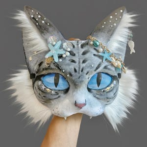Gray Ocean Tabby Cat Mask Tail Paws Set | Seashell Starfish Decor | Handmade Realistic Faux Fur Therian Mask | Furry Cosplay Alterhuman Gear