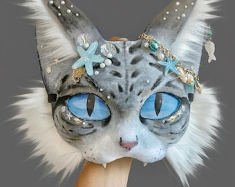 Máscara de gato atigrado gris océano con patas de cola, decoración de concha y estrella de mar, máscara de terián de piel sintética realista hecha a mano, equipo de alterhumano para cosplay peludo.