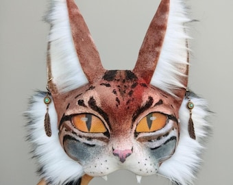 Brown Lynx Cat Mask Paws Tail Set| Handmade Realistic Faux Fur Therian Mask | Furry Cosplay & Alterhuman Gear | Realistic Wild Cat Headpiece