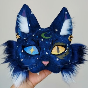 Galaxy Cat Therian Mask Paws Tail Set – Handmade Faux Fur Animal Mask, Furry Cosplay & Alterhuman Gear, Realistic Celestial Cat Headpiece