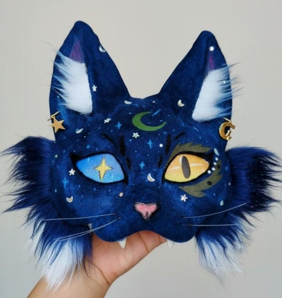Galaxy Cat Therian Mask Set, Deep Blue Starry Cat Mask, Paws & Tail, Faux Fur, Furry Cosplay, Alterhuman Gear, Removable Eyes/Tongue