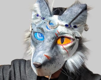 Celestial Gray Silver Wolf Therian Mask & Tail Set – Handmade Faux Fur Lunar Wolf Headpiece, Realistic Furry Mask for Alterhuman Cosplay