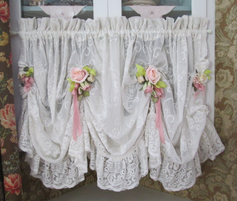 Shabby chic ruffled lace valance swag curtain Etsy