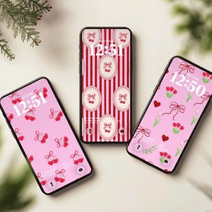 Fondos de pantalla para móvil de San Valentín, pantalla de bloqueo con corazones y lazos vintage, tema de cerezas rosas para iOS y Android.
