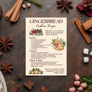 Könnte beinhalten: Eine Rezeptkarte für Lebkuchen mit Text und Illustrationen. Die Karte zeigt einen Lebkuchenmann, Sternanis, Zimtstangen und andere Backzutaten. Der Text enthält Anweisungen zum Sammeln von Zutaten, zum Zubereiten des Teigs und zum Backen der Kekse.