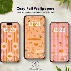 May include: Three smartphones displaying digital wallpapers with autumn themes. The left screen shows orange stripes and pumpkins in ovals. The center screen features pumpkins, leaves, and ribbons. The right screen displays a pink plaid pattern with mushrooms.