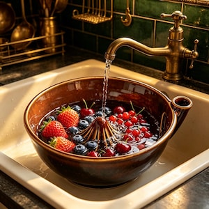Handmade Ceramic Vortex Swirl Fruit Washing Bowl, Multi-Purpose Berry Colander, Auto Circulating Veggie Rinse & Serving Bowl