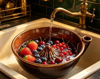 Handmade Ceramic Vortex Swirl Fruit Washing Bowl, Multi-Purpose Berry Colander, Auto Circulating Veggie Rinse & Serving Bowl