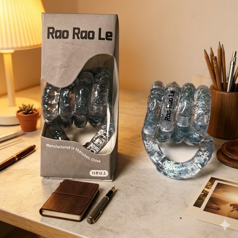 Op de afbeelding: Een doorzichtige, vuistvormige bureau-organizer met blauwe glitter erin. Het product wordt zowel in de originele doos als als los item gepresenteerd. Op de doos staat "Rao Rao Le" en "Manufactured in Shenzhen, China."