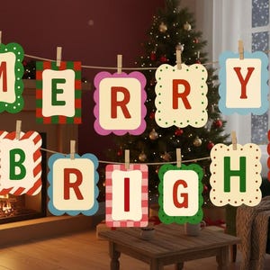 May include: A festive banner spelling "MERRY + BRIGHT" hangs in a cozy living room. Each letter is on a decorative, scalloped-edge card, suspended by clothespins. A Christmas tree and fireplace add to the holiday ambiance.