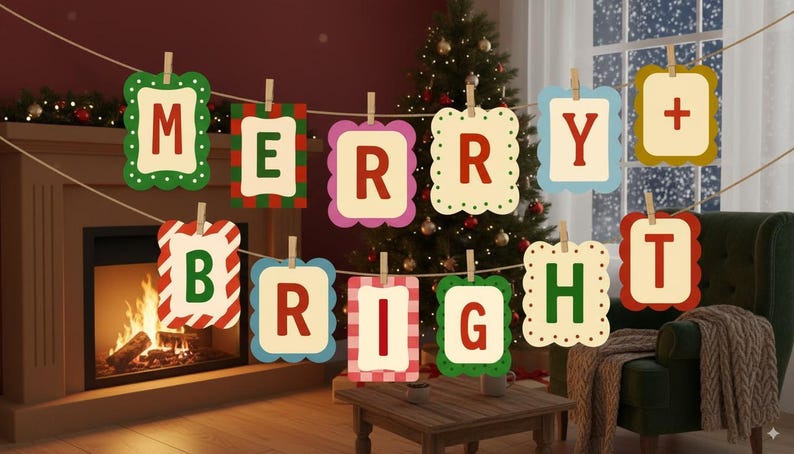 May include: A festive banner spelling "MERRY + BRIGHT" hangs in a cozy living room. Each letter is on a decorative, scalloped-edge card, suspended by clothespins. A Christmas tree and fireplace add to the holiday ambiance.