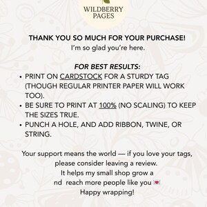 May include: A cream-colored graphic with the text "WILDBERRY PAGES" in a circular logo. The text includes instructions for printing tags, such as using cardstock and printing at 100%. It also thanks the customer for their purchase.