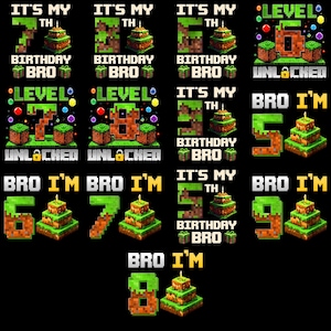 May include: A collection of pixelated birthday graphics with text that reads "It's My Birthday Bro" and "Level Unlocked". The designs feature numbers, cake, and gift box illustrations, all in a blocky, video game style.