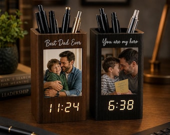 Personalized Papa Desk Organizer With Photo Clock, Custom Wooden Pen Holder, Gift For Grandpa