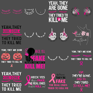 Puede incluir: Una colección de diseños gráficos con texto e ilustraciones sobre un fondo gris. Los diseños presentan frases como "Yeah, They Are Gone, They Tried to Kill Me" e imágenes de calabazas, esqueletos y lazos de concienciación sobre el cáncer de mama.
