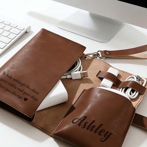 Personalized Full Grain Leather Cable Organizer, Customized Travel Electronics Holder, Carrier Gift for Him