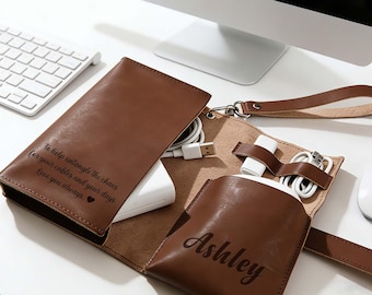 Organizador de cables de cuero de grano completo personalizado, soporte para dispositivos electrónicos de viaje personalizado, regalo para él