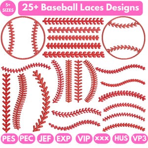 May include: A collection of red baseball lace designs in various styles. The image includes two baseball outlines and multiple lace patterns. Text at the top reads "25+ Baseball Laces Designs". The image also includes file type abbreviations at the bottom.