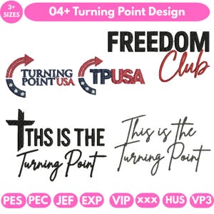 May include: A collection of designs featuring text and graphics. The designs include the words "FREEDOM Club", "TURNING POINT USA", and "THIS IS THE Turning Point". The color palette includes red, white, and blue.