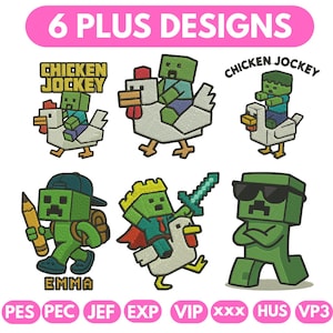 May include: A collection of six embroidered designs featuring pixelated characters, including zombies and chickens. The designs include the text "6 PLUS DESIGNS", "CHICKEN JOCKEY", and the name "EMMA". The designs are in various file formats.