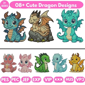 May include: A collection of eight cute dragon designs in various colors, including blue, green, red, and yellow. The designs feature dragons with different poses and expressions, with the text "08+ Cute Dragon Designs" at the top.