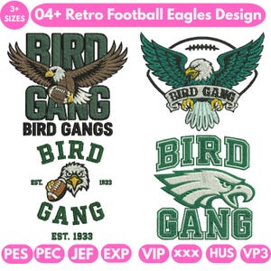 Puede incluir: Cuatro diseños retro de águilas con temática de fútbol. Los diseños presentan águilas con balones de fútbol y el texto "BIRD GANG" en varios estilos. Los diseños son en verde, marrón y blanco. El texto "EST. 1933" también se incluye en un diseño. La imagen también incluye el texto "04+ Retro Football Eagles Design".