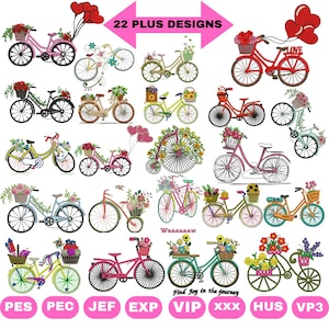 Op de afbeelding: Een verzameling van 22 fietsontwerpen, elk versierd met bloemen en manden. De fietsen zijn er in verschillende kleuren, waaronder roze, rood en groen, en zijn versierd met hartvormige ballonnen. Tekst bevat "22 PLUS DESIGNS" en "Find Joy in the journey".