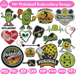 Könnte beinhalten: Eine Sammlung von 14+ Pickleball-Stickmustern. Die Designs umfassen Pickleball-Schläger, Bälle und Cartoon-Charaktere. Der Text enthält "let's pickle!", "love", "Eat Sleep Pickleball Repeat" und "World's Okayest Pickleball Player".