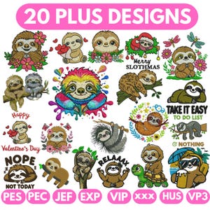 May include: A collection of 20 plus sloth designs in various styles. The designs include sloths with flowers, hearts, and holiday themes. Text includes "Merry Slothmas", "Take it easy to do list", "Nope not today", and "Valentine's Day".