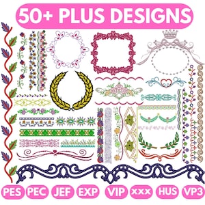 Puede incluir: Una colección de diseños de bordado con bordes florales, marcos y elementos decorativos. Los diseños incluyen una corona de laurel dorada, marcos en forma de corazón y varios patrones florales. El texto "50+ PLUS DESIGNS" se muestra en la parte superior.