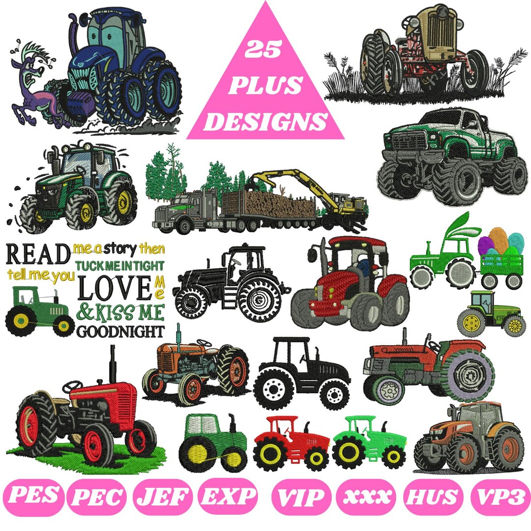 Green Embroidery Design Bundle Farm Tractor Embroidery Tractor With Boy ...