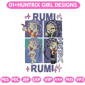 May include: Embroidered design featuring four panels with a cartoon girl with purple hair. The text "RUMI" and "HUNTRIX" are included. The design is on a blue background with the text "01+HUNTRIX GIRL DESIGNS" at the top.