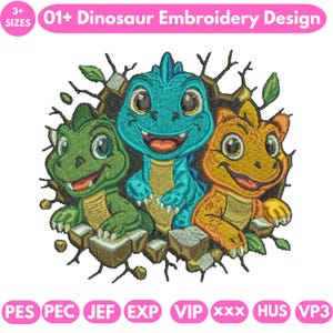 May include: An embroidered design featuring three cartoon dinosaurs in shades of green, blue, and orange. The dinosaurs are smiling and appear to be breaking through a wall. The text "01+ Dinosaur Embroidery Design" is at the top.