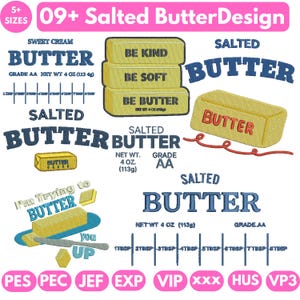 Puede incluir: Un diseño digital con ilustraciones de mantequilla y texto. El diseño incluye las palabras "Salted Butter Design", "Sweet Cream Butter" y "Salted Butter". Las ilustraciones de mantequilla son amarillas con texto rojo y azul. Medidas en cucharadas y 113g.